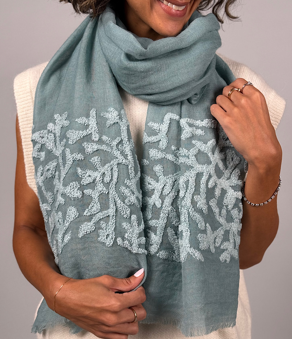 WOOL EMBROIDERED SCARF - BLUE 